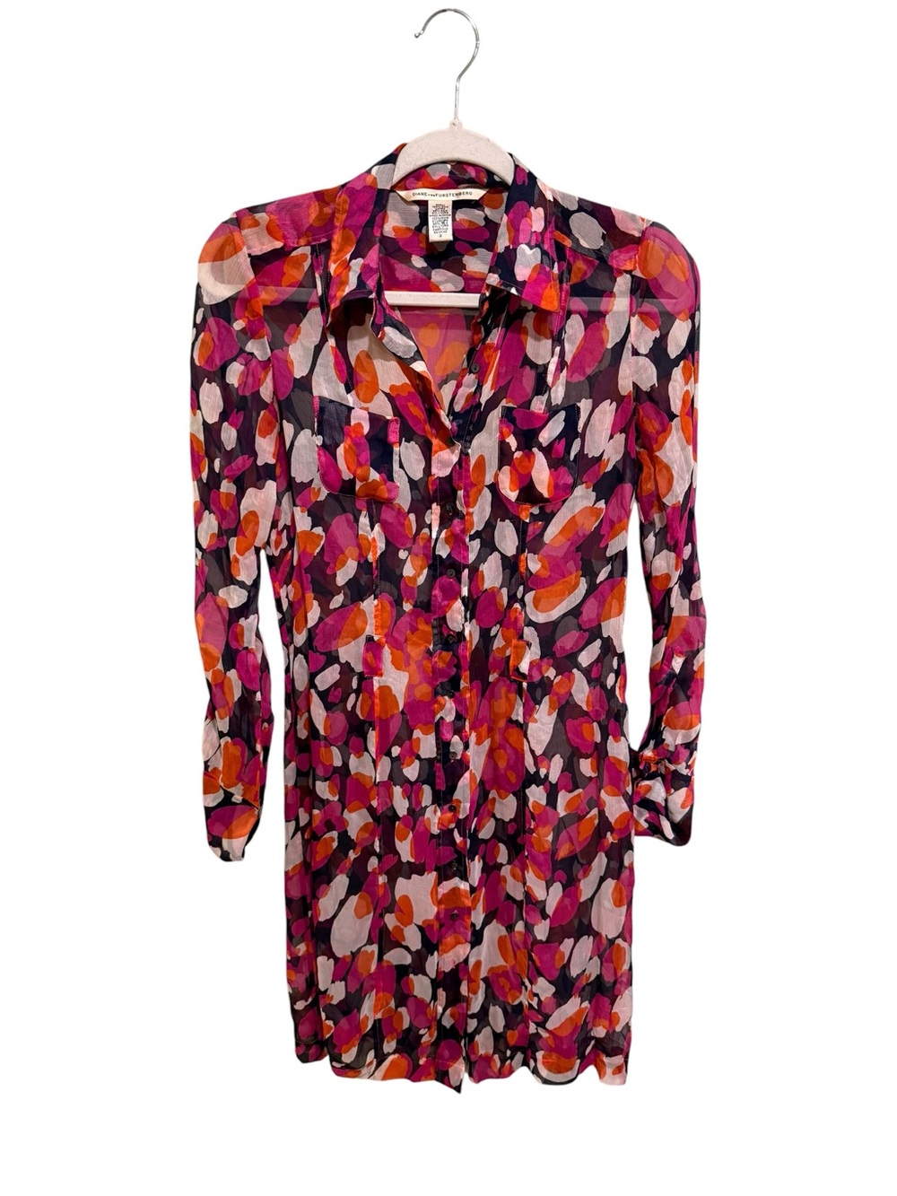 Diane Von Furstenberg Silk Pink, Orange & Black Long-Sleeve Sheer Dress - Size 2